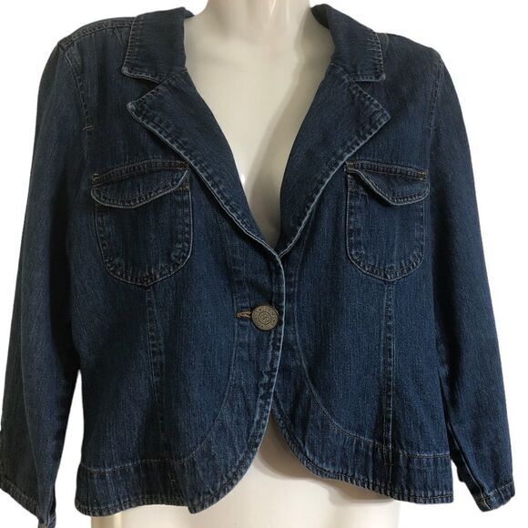 Bill Blass Jean jacket Sz S 100% cotton blue cropped one button chest‎ pockets - Picture 1 of 7
